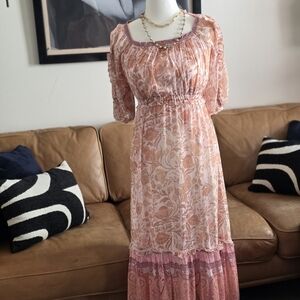 Pink Maxi Dress with Scoop Neck and Bishop Sleeves